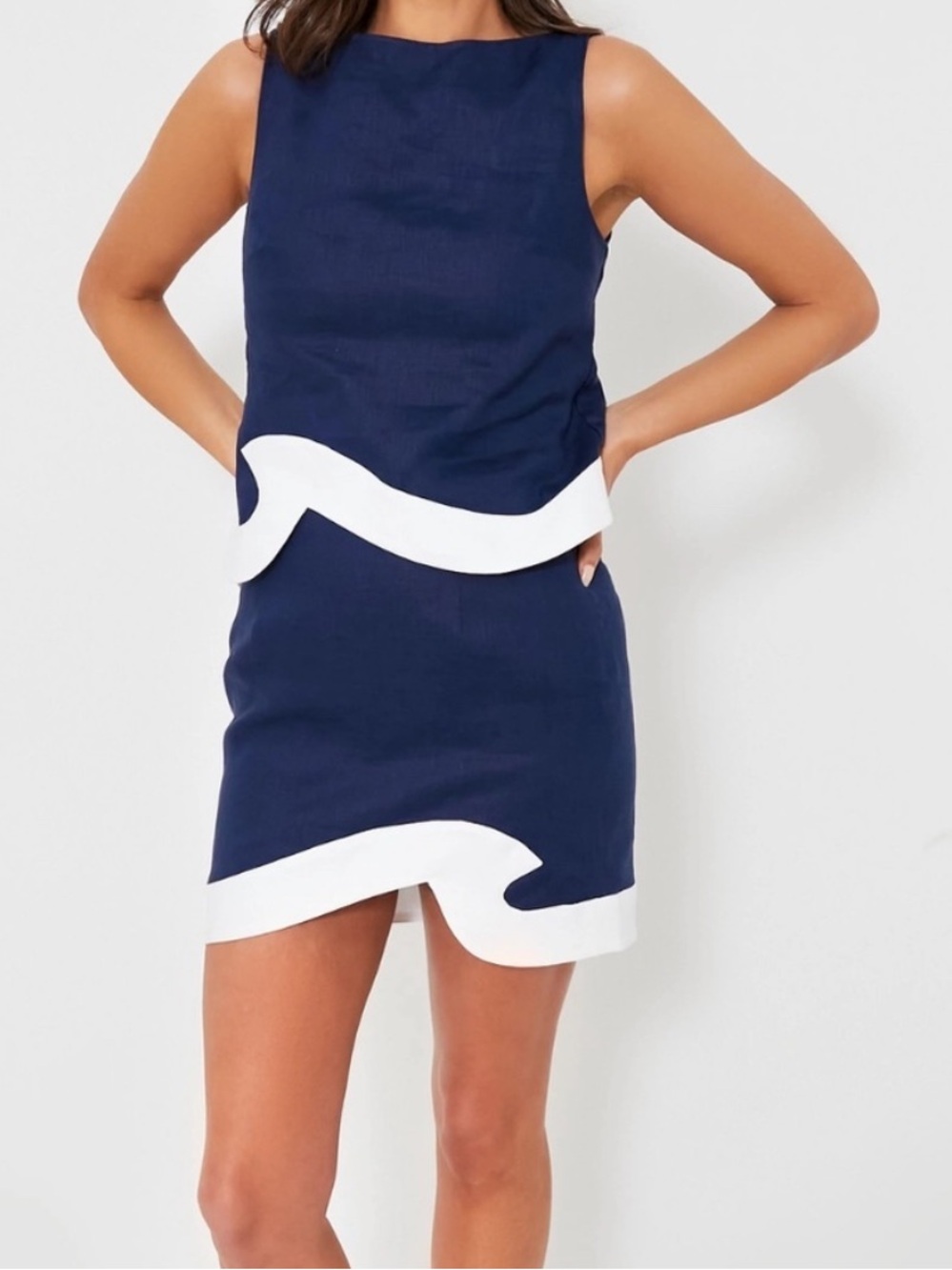 STAUD Navy Linen Wave Skirt and Tank Set